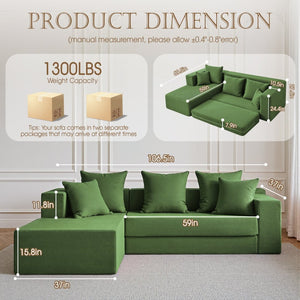English Elm 106.5" Convertible Corduroy Sectional Sofa Bed Floor Couch with High-resilience Foam Seating Antique Green W1002S00015