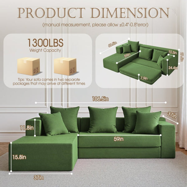 English Elm 106.5" Convertible Corduroy Sectional Sofa Bed Floor Couch with High-resilience Foam Seating Antique Green W1002S00015