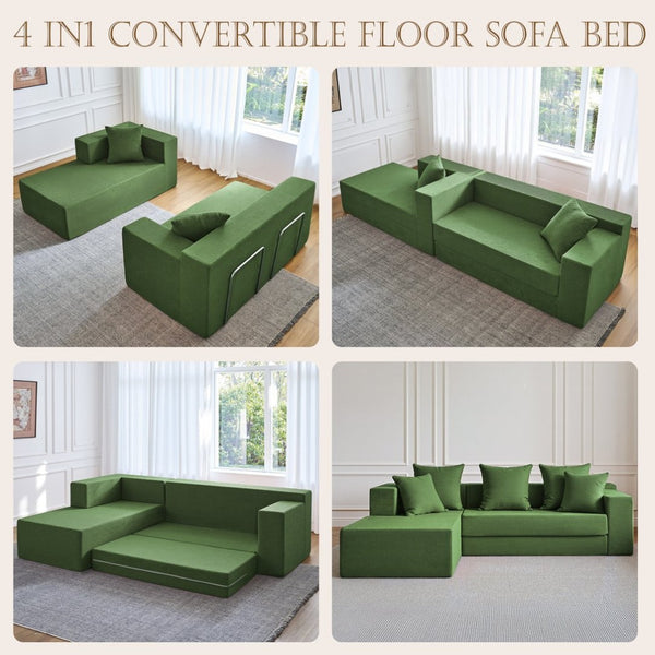 English Elm 106.5" Convertible Corduroy Sectional Sofa Bed Floor Couch with High-resilience Foam Seating Antique Green W1002S00015