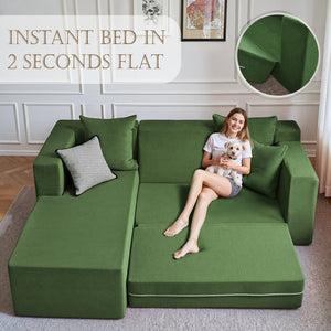 English Elm 106.5" Convertible Corduroy Sectional Sofa Bed Floor Couch with High-resilience Foam Seating Antique Green W1002S00015
