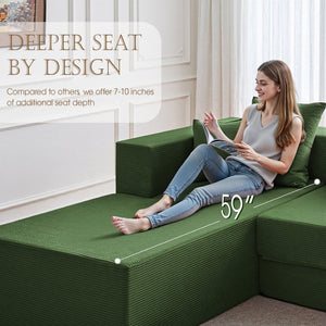English Elm 106.5" Convertible Corduroy Sectional Sofa Bed Floor Couch with High-resilience Foam Seating Antique Green W1002S00015