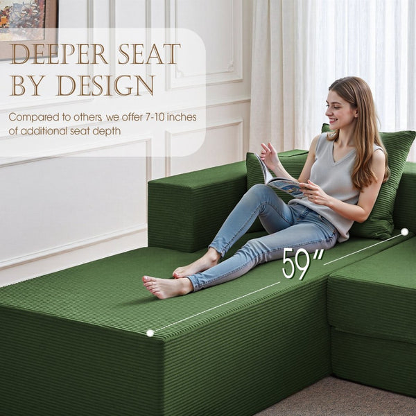 English Elm 106.5" Convertible Corduroy Sectional Sofa Bed Floor Couch with High-resilience Foam Seating Antique Green W1002S00015