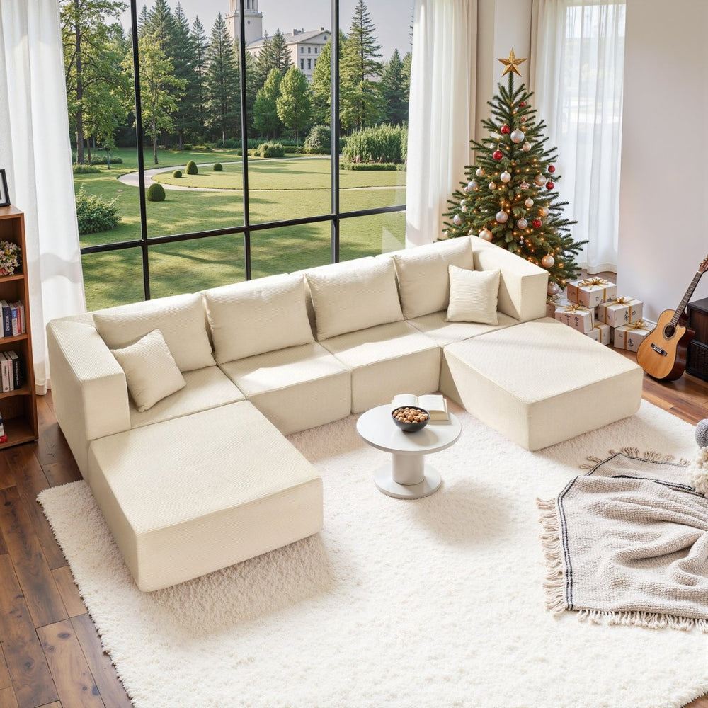 English Elm 140" Modular Corduroy Floor Sectional Sofa Bed Six Units U Shape Lounge Seating Beige White W1002S00016
