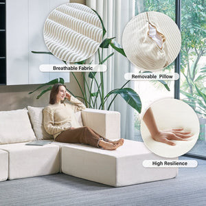 English Elm 140" Modular Corduroy Floor Sectional Sofa Bed Six Units U Shape Lounge Seating Beige White W1002S00016