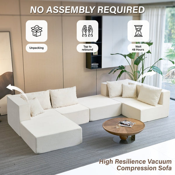 English Elm 140" Modular Corduroy Floor Sectional Sofa Bed Six Units U Shape Lounge Seating Beige White W1002S00016