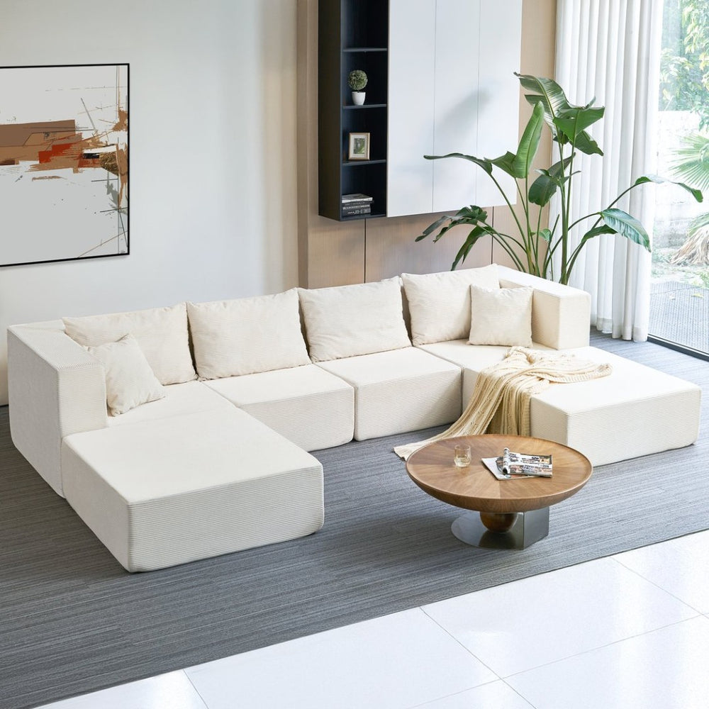English Elm 140" Modular Corduroy Floor Sectional Sofa Bed Six Units U Shape Lounge Seating Beige White W1002S00016
