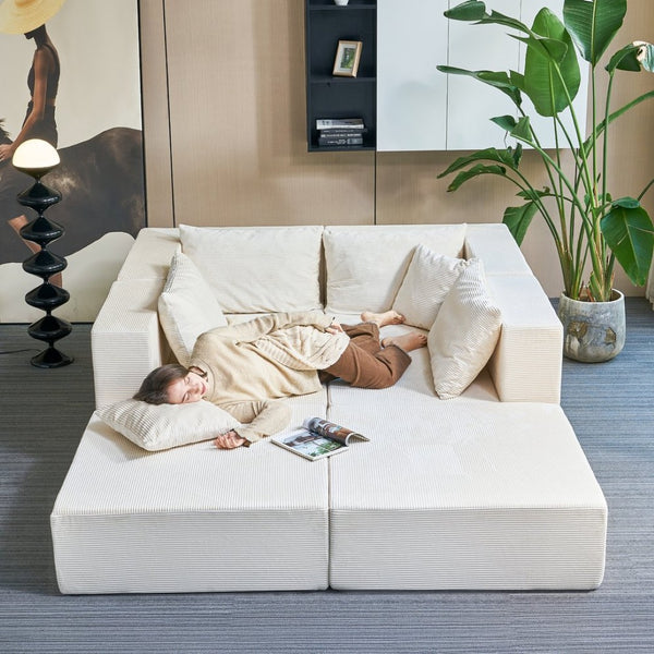 English Elm 140" Modular Corduroy Floor Sectional Sofa Bed Six Units U Shape Lounge Seating Beige White W1002S00016