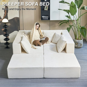 English Elm 140" Modular Corduroy Floor Sectional Sofa Bed Six Units U Shape Lounge Seating Beige White W1002S00016