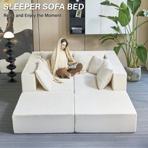 English Elm 140" Modular Corduroy Floor Sectional Sofa Bed Six Units U Shape Lounge Seating Beige White W1002S00016