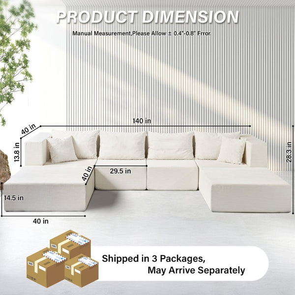 English Elm 140" Modular Corduroy Floor Sectional Sofa Bed Six Units U Shape Lounge Seating Beige White W1002S00016