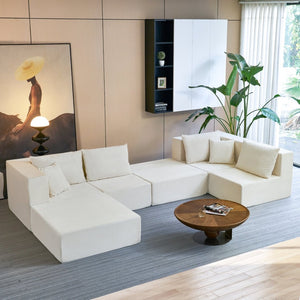 English Elm 140" Modular Corduroy Floor Sectional Sofa Bed Six Units U Shape Lounge Seating Beige White W1002S00016