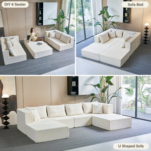 English Elm 140" Modular Corduroy Floor Sectional Sofa Bed Six Units U Shape Lounge Seating Beige White W1002S00016