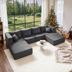English Elm 140" Modular Corduroy Floor Sectional Sofa Bed Six Units U Shape Lounge Seating Gray W1002S00017