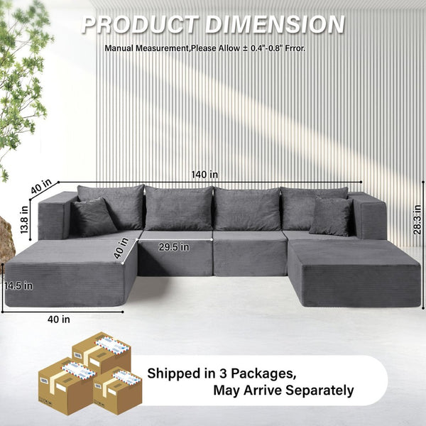 English Elm 140" Modular Corduroy Floor Sectional Sofa Bed Six Units U Shape Lounge Seating Gray W1002S00017