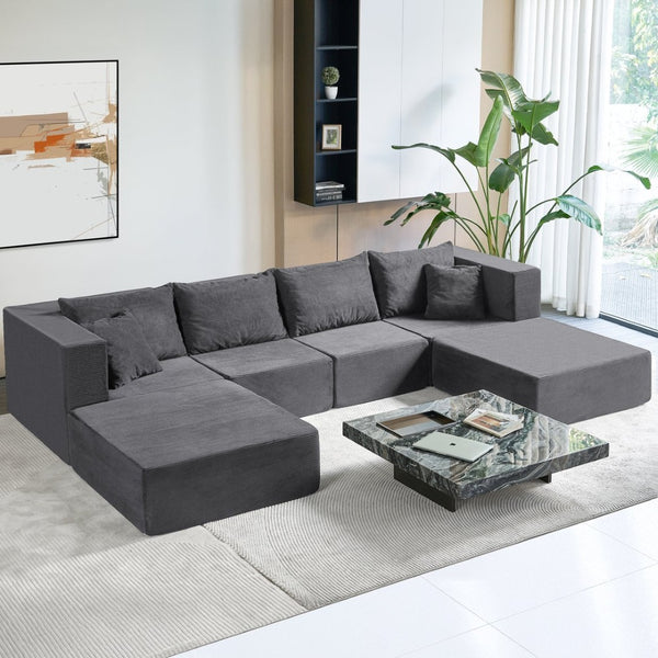 English Elm 140" Modular Corduroy Floor Sectional Sofa Bed Six Units U Shape Lounge Seating Gray W1002S00017