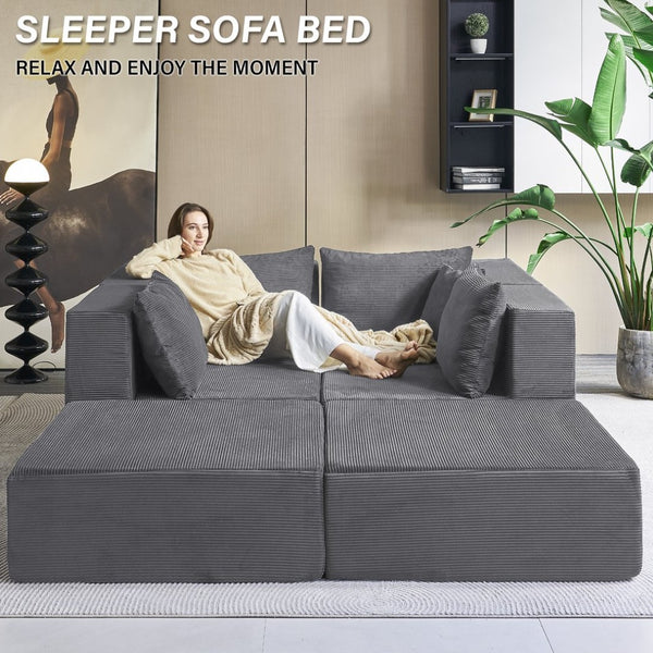 English Elm 140" Modular Corduroy Floor Sectional Sofa Bed Six Units U Shape Lounge Seating Gray W1002S00017