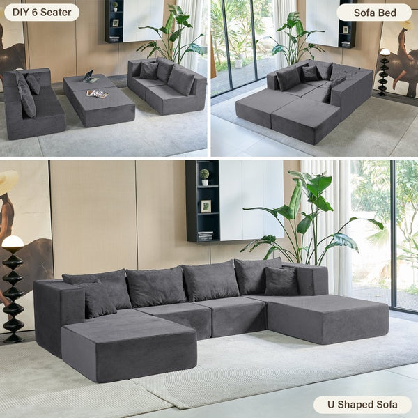 English Elm 140" Modular Corduroy Floor Sectional Sofa Bed Six Units U Shape Lounge Seating Gray W1002S00017