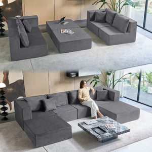English Elm 140" Modular Corduroy Floor Sectional Sofa Bed Six Units U Shape Lounge Seating Gray W1002S00017