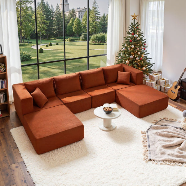 English Elm 140" Modular Corduroy Floor Sectional Sofa Bed Six Units U Shape Lounge Seating Orange W1002S00018
