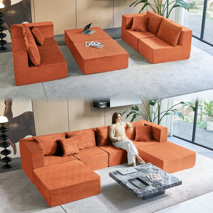 English Elm 140" Modular Corduroy Floor Sectional Sofa Bed Six Units U Shape Lounge Seating Orange W1002S00018