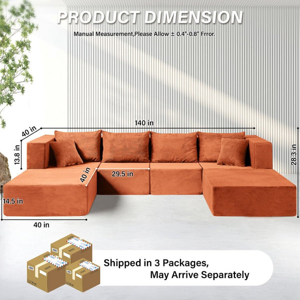 English Elm 140" Modular Corduroy Floor Sectional Sofa Bed Six Units U Shape Lounge Seating Orange W1002S00018