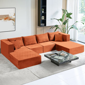 English Elm 140" Modular Corduroy Floor Sectional Sofa Bed Six Units U Shape Lounge Seating Orange W1002S00018