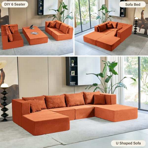 English Elm 140" Modular Corduroy Floor Sectional Sofa Bed Six Units U Shape Lounge Seating Orange W1002S00018