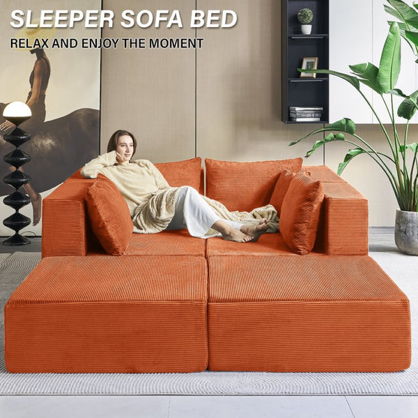 English Elm 140" Modular Corduroy Floor Sectional Sofa Bed Six Units U Shape Lounge Seating Orange W1002S00018