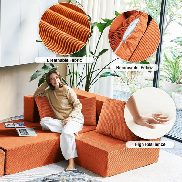 English Elm 140" Modular Corduroy Floor Sectional Sofa Bed Six Units U Shape Lounge Seating Orange W1002S00018