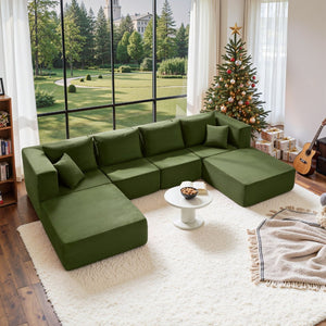 English Elm 140" Modular Corduroy Floor Sectional Sofa Bed Six Units U Shape Lounge Seating Retro Green W1002S00019