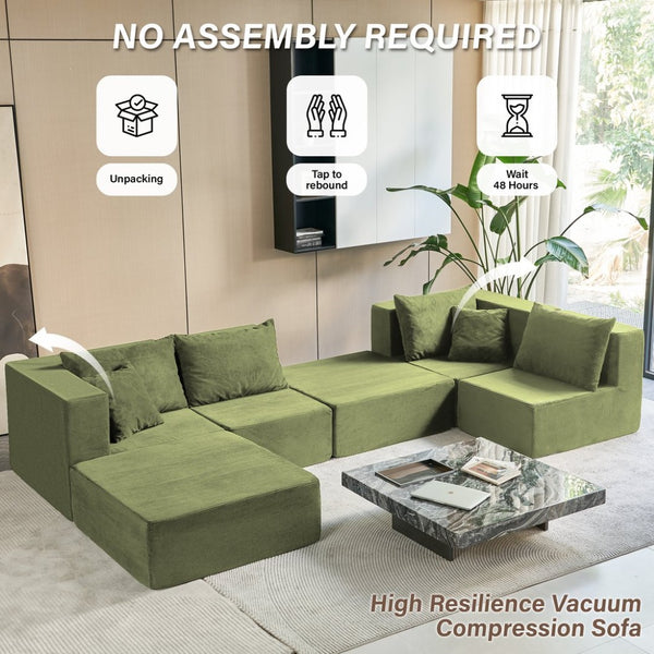 English Elm 140" Modular Corduroy Floor Sectional Sofa Bed Six Units U Shape Lounge Seating Retro Green W1002S00019