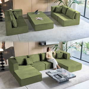 English Elm 140" Modular Corduroy Floor Sectional Sofa Bed Six Units U Shape Lounge Seating Retro Green W1002S00019