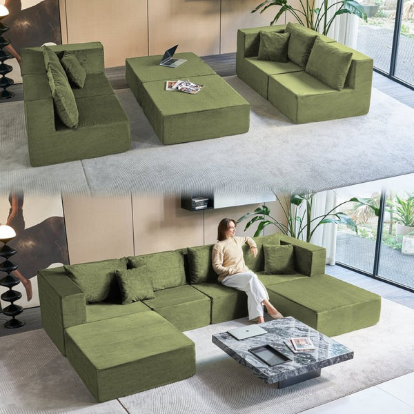 English Elm 140" Modular Corduroy Floor Sectional Sofa Bed Six Units U Shape Lounge Seating Retro Green W1002S00019