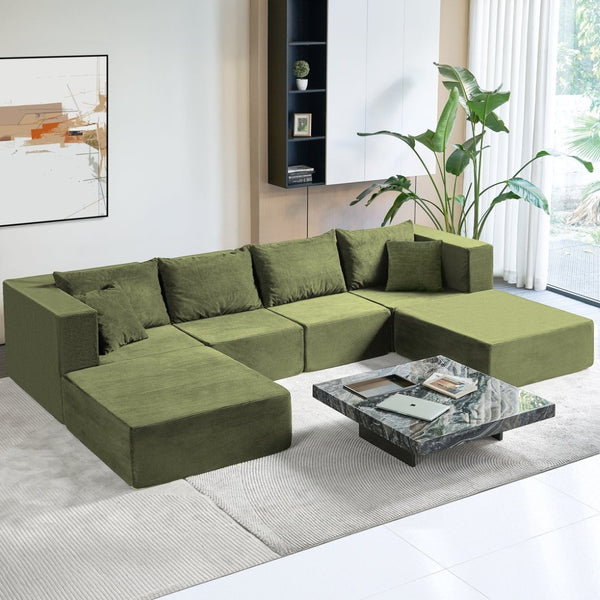 English Elm 140" Modular Corduroy Floor Sectional Sofa Bed Six Units U Shape Lounge Seating Retro Green W1002S00019