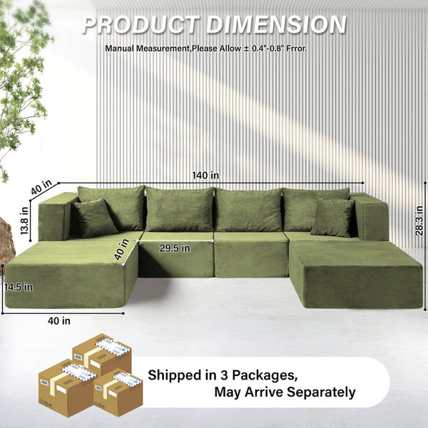 English Elm 140" Modular Corduroy Floor Sectional Sofa Bed Six Units U Shape Lounge Seating Retro Green W1002S00019