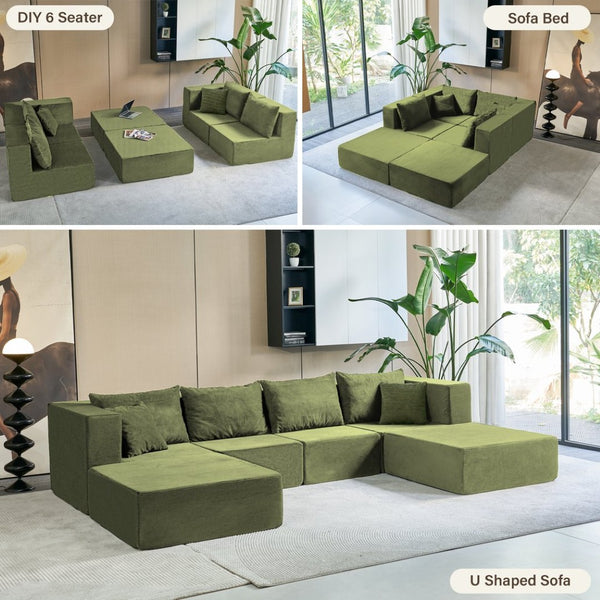 English Elm 140" Modular Corduroy Floor Sectional Sofa Bed Six Units U Shape Lounge Seating Retro Green W1002S00019