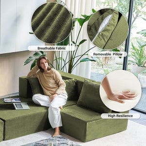 English Elm 140" Modular Corduroy Floor Sectional Sofa Bed Six Units U Shape Lounge Seating Retro Green W1002S00019