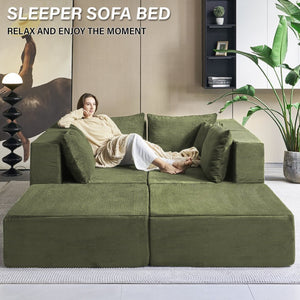 English Elm 140" Modular Corduroy Floor Sectional Sofa Bed Six Units U Shape Lounge Seating Retro Green W1002S00019