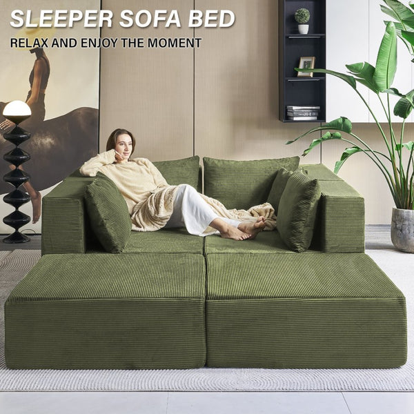 English Elm 140" Modular Corduroy Floor Sectional Sofa Bed Six Units U Shape Lounge Seating Retro Green W1002S00019