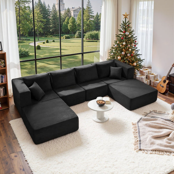 English Elm 140" Modular Corduroy Floor Sectional Sofa Bed Six Units U Shape Lounge Seating Black W1002S00020