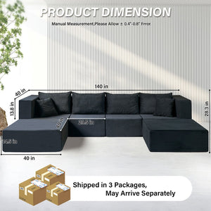 English Elm 140" Modular Corduroy Floor Sectional Sofa Bed Six Units U Shape Lounge Seating Black W1002S00020