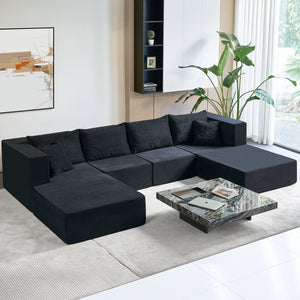 English Elm 140" Modular Corduroy Floor Sectional Sofa Bed Six Units U Shape Lounge Seating Black W1002S00020