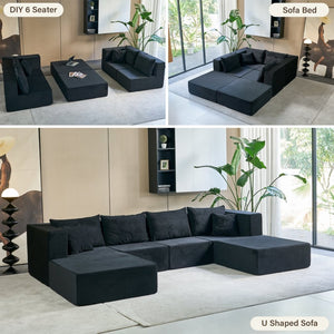 English Elm 140" Modular Corduroy Floor Sectional Sofa Bed Six Units U Shape Lounge Seating Black W1002S00020