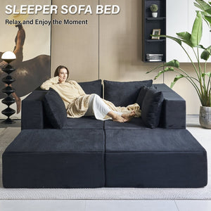 English Elm 140" Modular Corduroy Floor Sectional Sofa Bed Six Units U Shape Lounge Seating Black W1002S00020