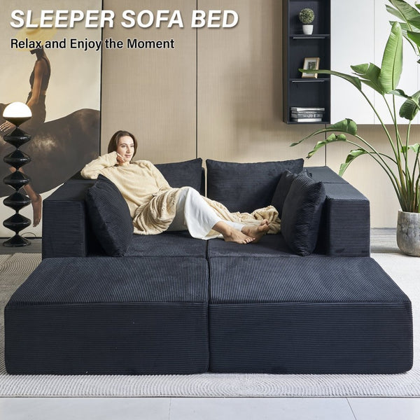 English Elm 140" Modular Corduroy Floor Sectional Sofa Bed Six Units U Shape Lounge Seating Black W1002S00020