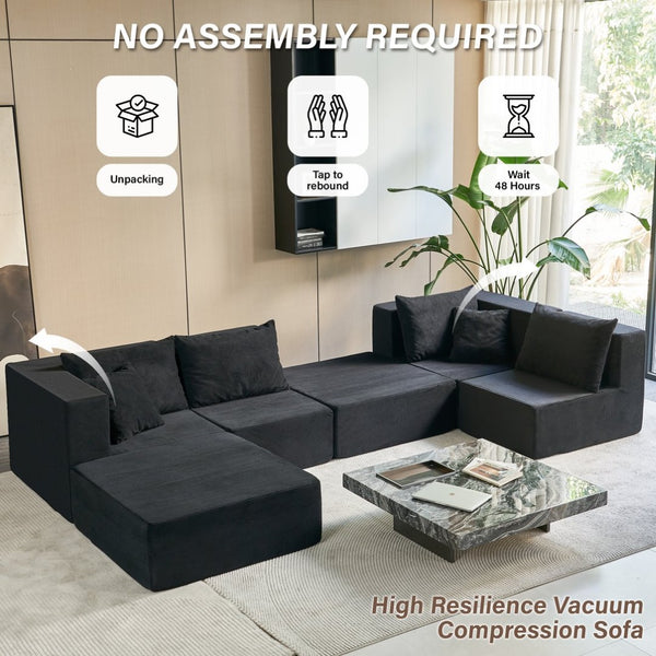 English Elm 140" Modular Corduroy Floor Sectional Sofa Bed Six Units U Shape Lounge Seating Black W1002S00020