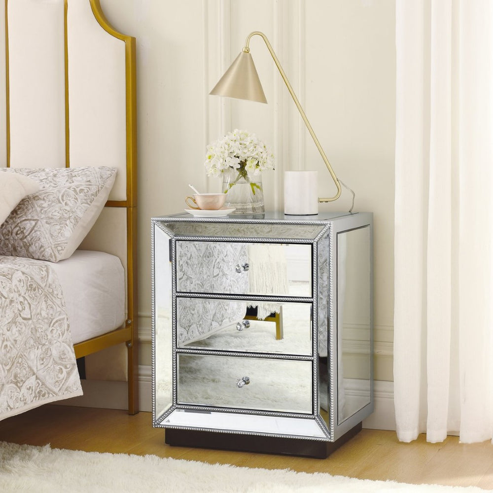 English Elm Three Drawer Mirrored Cabinet Glam Pearl Trim Crystal Pulls Bedroom Accent Piece W1005P480521