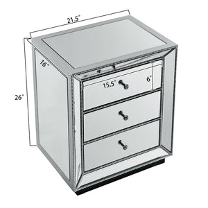 English Elm Three Drawer Mirrored Cabinet Glam Pearl Trim Crystal Pulls Bedroom Accent Piece W1005P480521