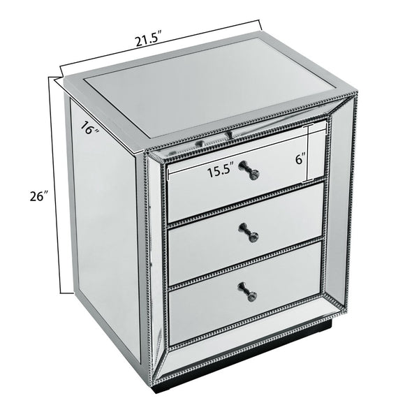 English Elm Three Drawer Mirrored Cabinet Glam Pearl Trim Crystal Pulls Bedroom Accent Piece W1005P480521