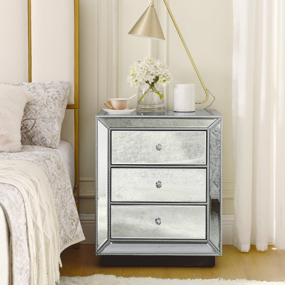 English Elm Three Drawer Mirrored Cabinet Glam Pearl Trim Crystal Pulls Bedroom Accent Piece W1005P480521